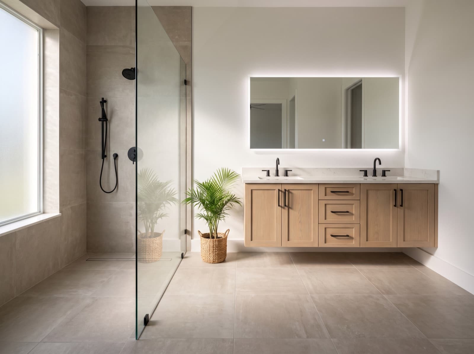 Concept visualization: the same bathroom rebuilt with a curbless walk-in shower