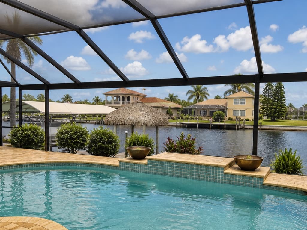 Screened lanai and pool overlooking a Florida waterfront