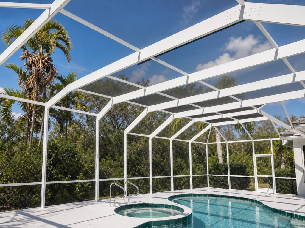 Inside a screened pool enclosure